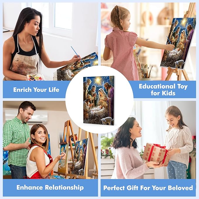 Bowetile Nativity Scene Paint by Numbers for Adults Beginners Framed, Adults' Paint-by-Number Christmas Kits on Canvas, Acrylic Number Painting Gifts for Home Wall Decor, 8x12in
