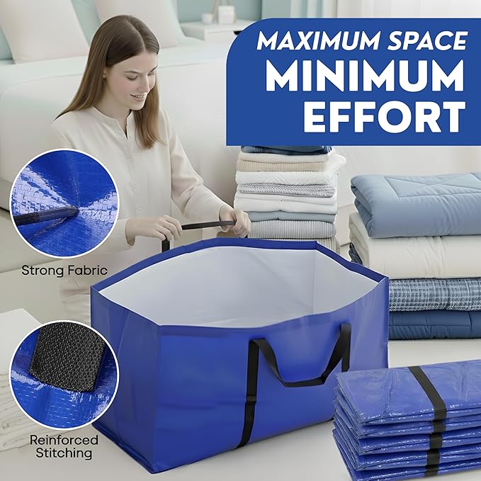 Extra Large Moving Bags Heavy Duty - 6 Pack Blue Storage Bags with Zipper & Strong Handles | Moving Bags for Clothes, Bedding & Home Organization | Reusable Packing Bags for Moving, Travel & College