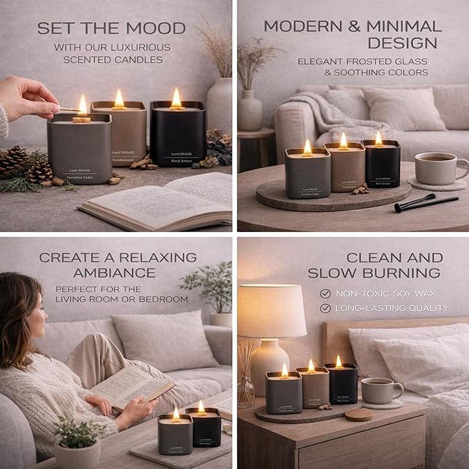 Set of 3 Premium Scented Soy Candles Gift Set | Dusk to Dawn Collection - Canadian Cedar, Black Amber & Sandalwood | Crackling Wood Wick | Luxury Candles for Relaxation, Home Décor, Gifts | 9.8oz Each