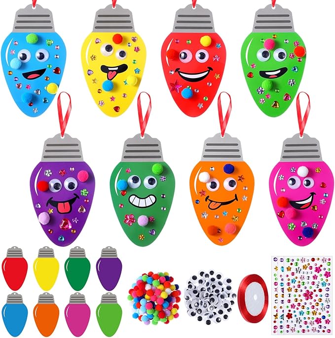Funrous 48 Sets Christmas Crafts Kit Colorful Lights Bulbs Expression Paper Crafts DIY Xmas Tree Hanging Ornaments Decorations with Pompoms Diamond Stickers Eyes Arts Classroom Activities Party Favor