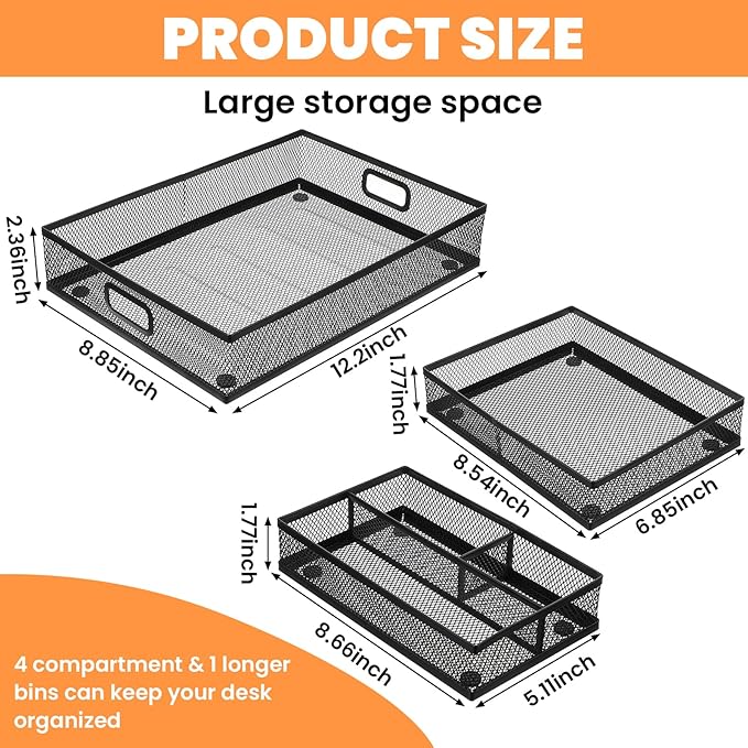 3 Pcs Office Drawer Organizer 3 Pack, Office Supplies Desk, Black Mesh Drawer Organizer Hold Pens & A4 Sized File, 12 x 9 Inches