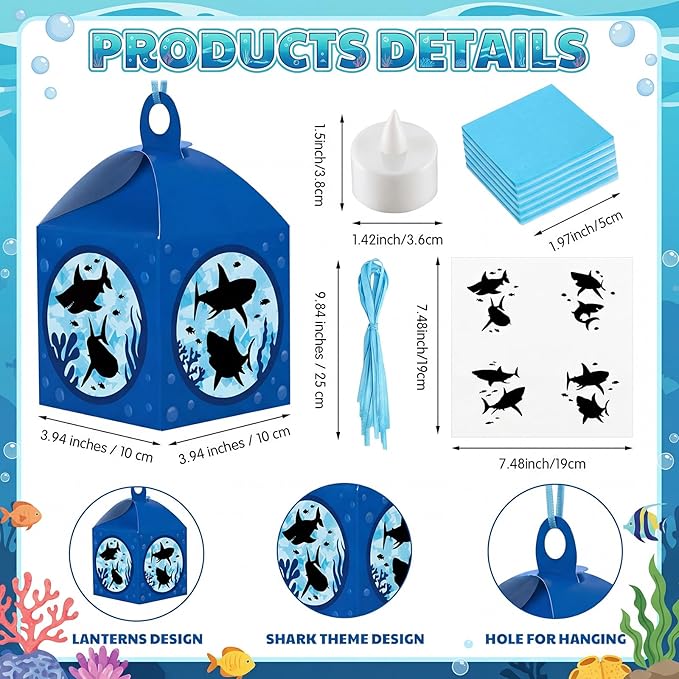 Simgoing 12 Sets Summer Shark Crafts with LED Candle Light DIY Shark Tissue Paper Beach Craft Kits Under the Sea Theme Party Decoration Submarine Hanging Ornaments for Summer Decoration Party