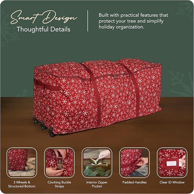 Covermates Keepsakes Christmas Tree Rolling Cinch Bag – Heavy-Duty Polyester Holiday Storage with Wheels, Reinforced Handles & Cinch Straps – Durable Christmas Tree Storage Solution, Red Snowflake