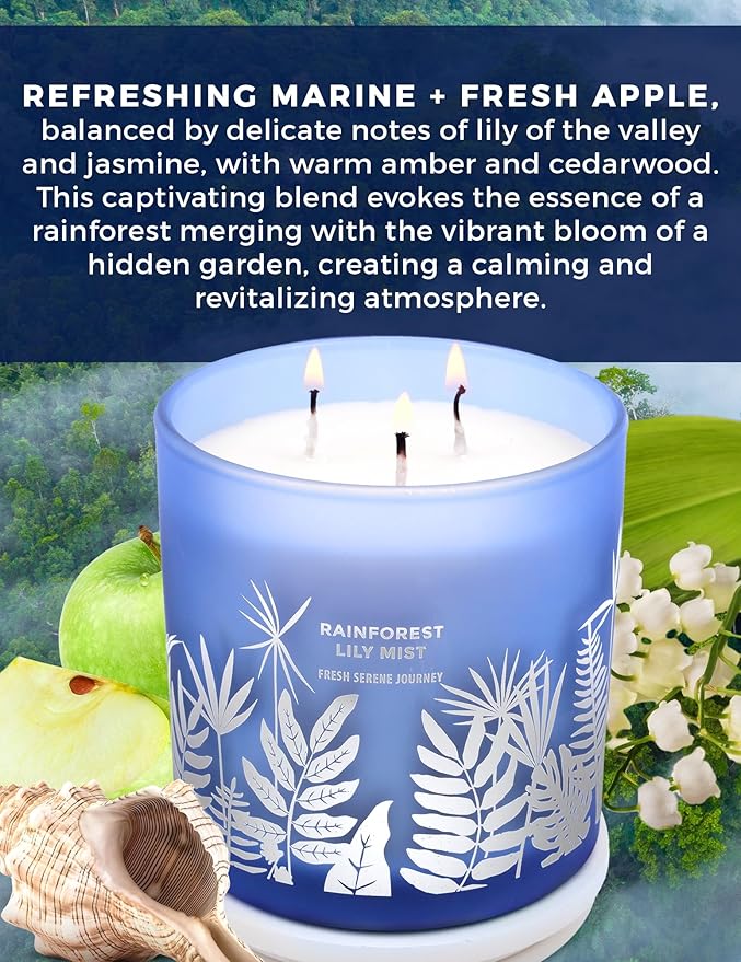 Large 3-Wick Soy Candle 14.5oz | Rainforest Lily Mist Scented Candle | Fresh Floral Aromatherapy Candle | Slow & Clean Burning | Luxury Relaxation Gift for Women and Men