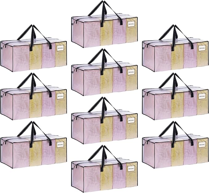 VENO 10 Pack Heavy Duty Moving Bags, Christmas Storage Bins with Lids, Clear Design, Alternative to Moving Boxes, Storage Bags for Clothes, Blankets, Comforters, Pillows, Camping (Clear, 10 Pack)