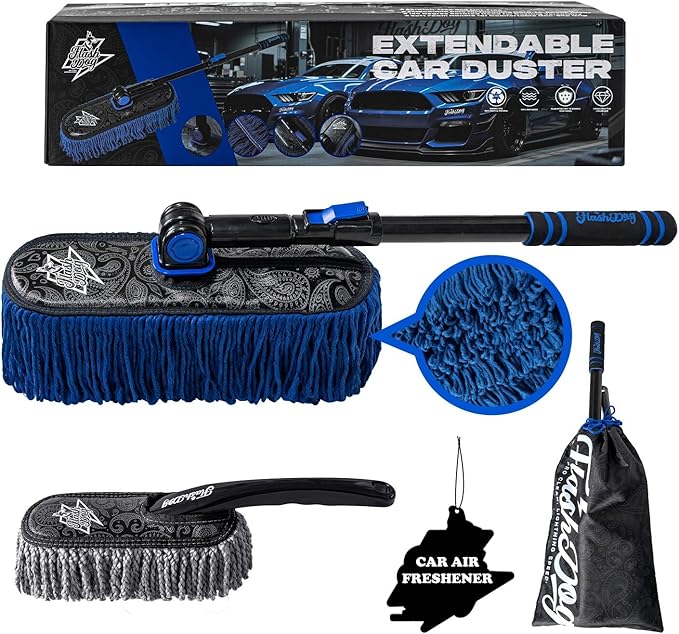 Flash Dog Car Duster Exterior & Interior Duster Aluminum Alloy Extendable Handle and Wax Cotton Strands Scratch-Free Cleaning for Cars, SUVs, RVs | Waterless Dust & Pollen Remover