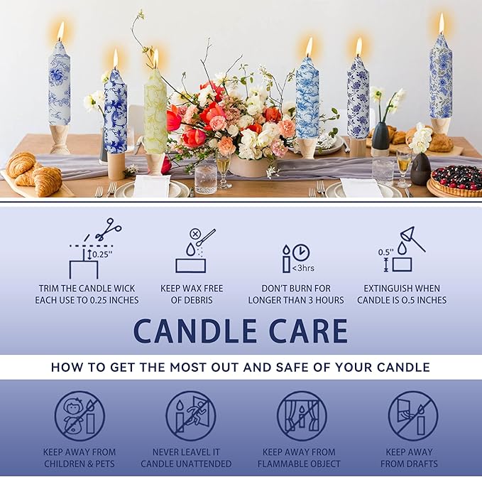 5 Inch Blue and White Tapered Candles Short Floral Candlesticks Hand Poured Unscented Smokeless Porcelain Candles for Dining Everyday Meals Family Dinner Elegance Blue White Porcelain Style
