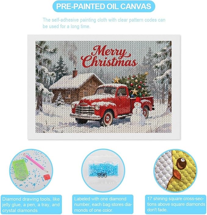AIVKIEJK Diamond Painting Kits for Adults - Christmas Red Truck with Snowman, Snowy Cabin & Tree Painting DIY 5D Full Drill Diamond Dots Paintings with Diamonds Gem Art and Crafts Home Decor 8"x12"