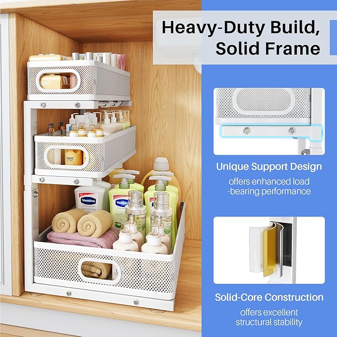 Under Sink Organizer, 2-Pack 3-Tier Thickened Metal Pull out Cabinet Organizer Shelf, Height Adjustable Slide out Storage Drawer Rack for Kitchen Bathroom Pantry Laundry Home Organization, White
