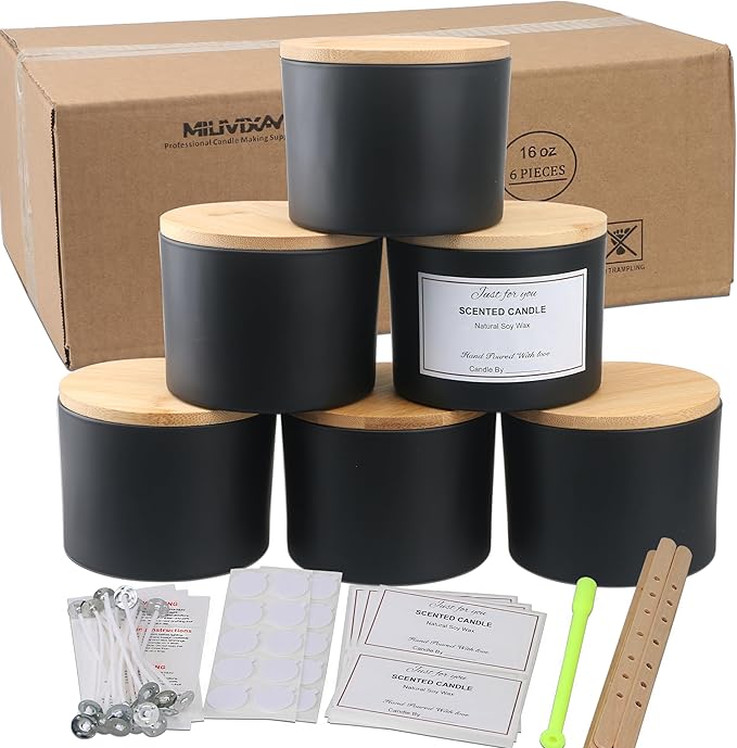 MILIVIXAY 6 Pack 16 oz Candle Jars with Bamboo Lids and Candle Making Kits - 3 Wick Candle Jar,Bulk Empty Matte Black Thick Glass Jars for Making Large Candles - Spice, Powder Containers.
