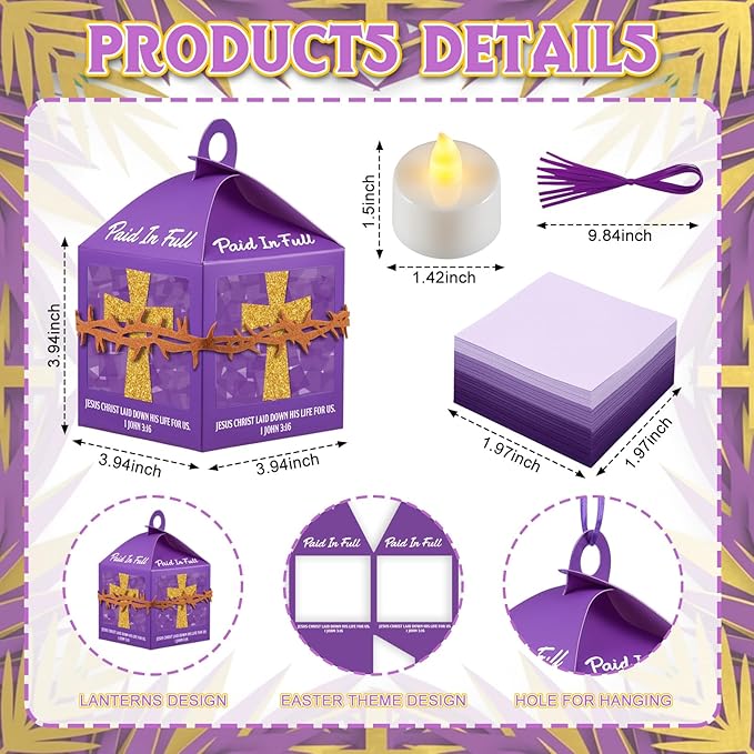 Simgoing 12 Sets Religious Easter Crafts Bulk Christian Cross Lanterns Crafts with LED Lights Glitter Cross Tissue Paper Lanterns for Easter Church VBS Sunday School Classroom Activities