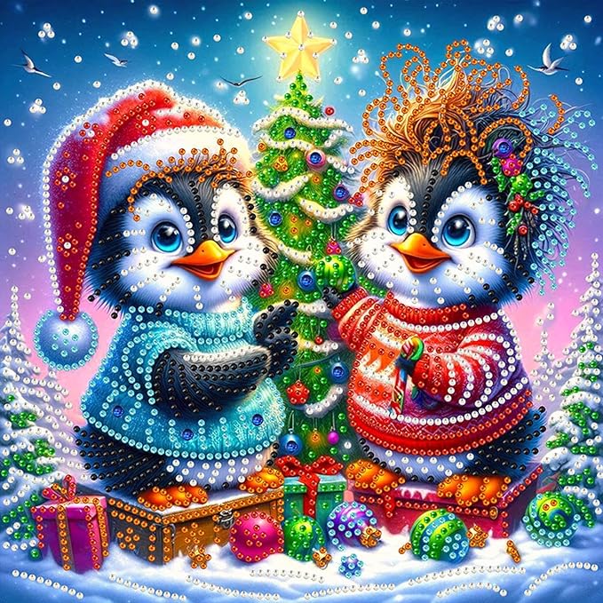 Christmas Penguins 5D Special Shape Diamond Art Kits for Beginners, Christmas Winter Theme Diamonds Painting Kits for Adults,DIY Crystal Rhinestones Diamond Paintings for Home Wall Decor 12×12Inch