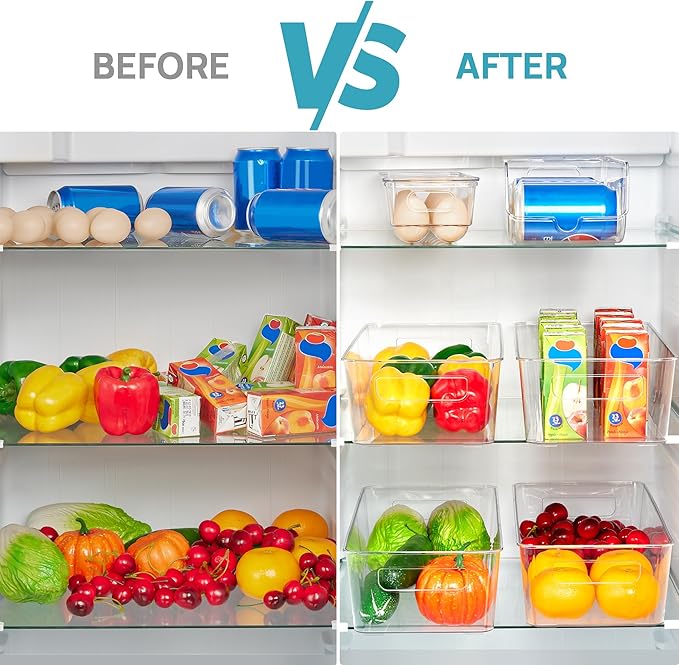Vtopmart Set of 8 Fridge Organizer, Refrigerator Organizer Bins with Handles, Freezer Organizer Clear Organizing Bins, BPA-Free Fridge Storage Containers for Fridge, Freezer, Cabinet, Kitchen, Pantry