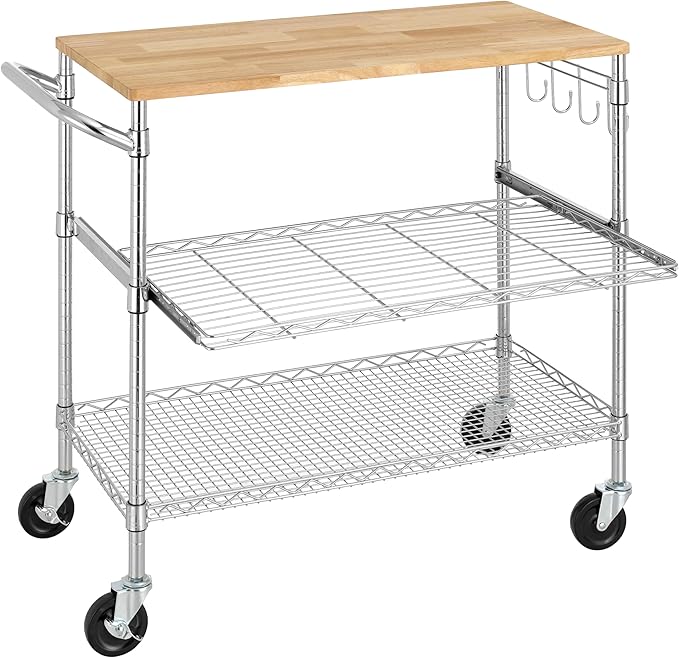 Finnhomy 3-Tier Rolling Kitchen Cart with 18" D x 36" W Oak Wood Tabletop, Kitchen Island Cart with 4" Wheels and Slider Shelf, Microwave Cart & Coffee Cart with Hooks for Dining Room, Chrome