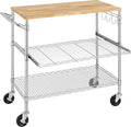 Finnhomy 3-Tier Rolling Kitchen Cart with 18" D x 36" W Oak Wood Tabletop, Kitchen Island Cart with 4" Wheels and Slider Shelf, Microwave Cart & Coffee Cart with Hooks for Dining Room, Chrome