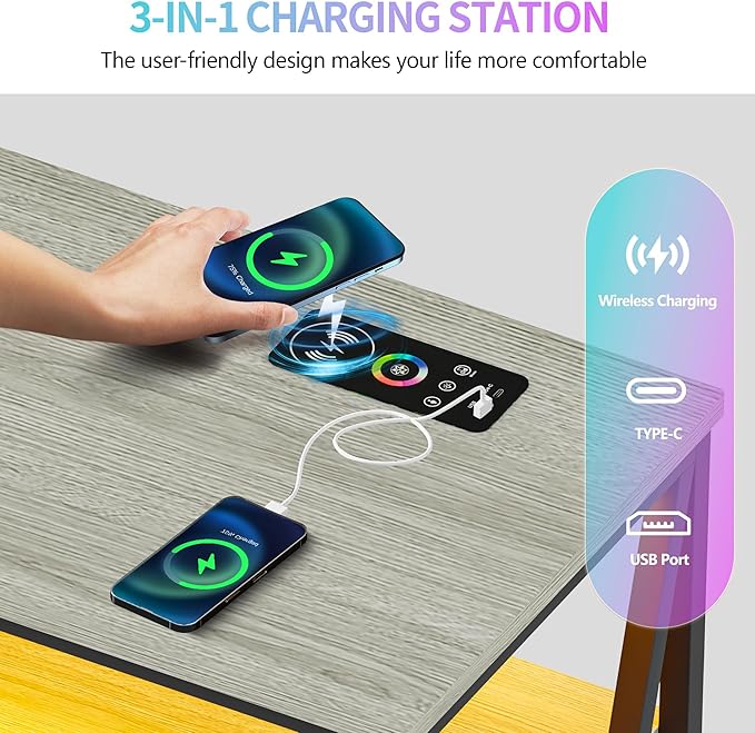 Lvifur RGB TV Stand up to 65''Televisions, TV Console Table with Wireless Charging Station,Entertainment Center with Human Body Sensor and Storage Shelves for Living Room，Bedroom(Oak)
