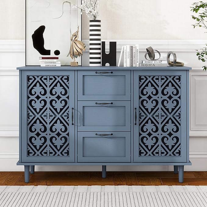 vistavie Sideboard Buffet Cabinet with Storage - American Furniture Cabinet, Accent Storage Console Table with Carved Pattern, Farmhouse Wood Credenza for Study Room, Entryway, Dining Room, Kitchen