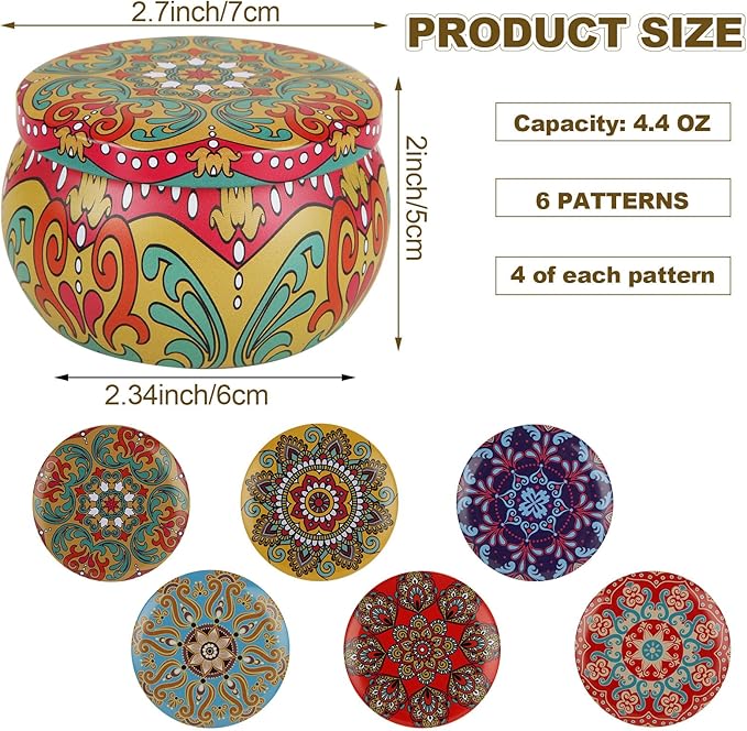 Oungy 24 PCS Candle Tins with Lid 4.4 oz Empty Candle Jars with Flower Pattern Round Metal Candle Containers with Lids for Candle Making DIY Arts and Crafts Small Item Storage