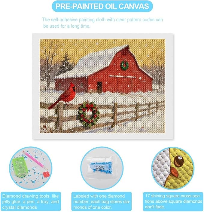 AIVKIEJK Diamond Painting Kits for Adults - Christmas Winter Cardinal, Red Barn Scene Painting DIY 5D Full Drill Diamond Dots Paintings with Diamonds Gem Art and Crafts Home Decor 12"x16"