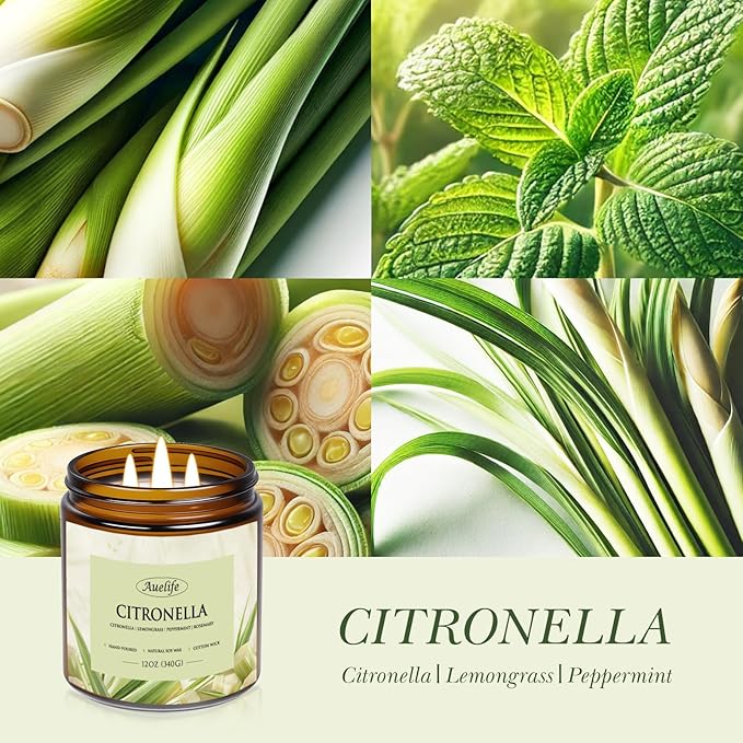 Auelife Scented Candles, 12oz Large 3-Wick Candle for Home Patio Camping & Garden, Natural Soy Wax Citronella Candle for Summer Gift, Long Lasting for Indoor Home Scented, 50+ Hour Burn