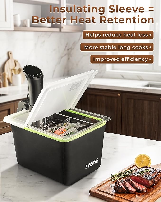 EVERIE 12 Quart Sous Vide Container with Collapsible Hinged Lid + Wobble-Free Stainless Steel Rack Divider + Insulating Neoprene Sleeve — NSF Approved Container, BPA-Free Lid, Fits Anova & Instant Pot