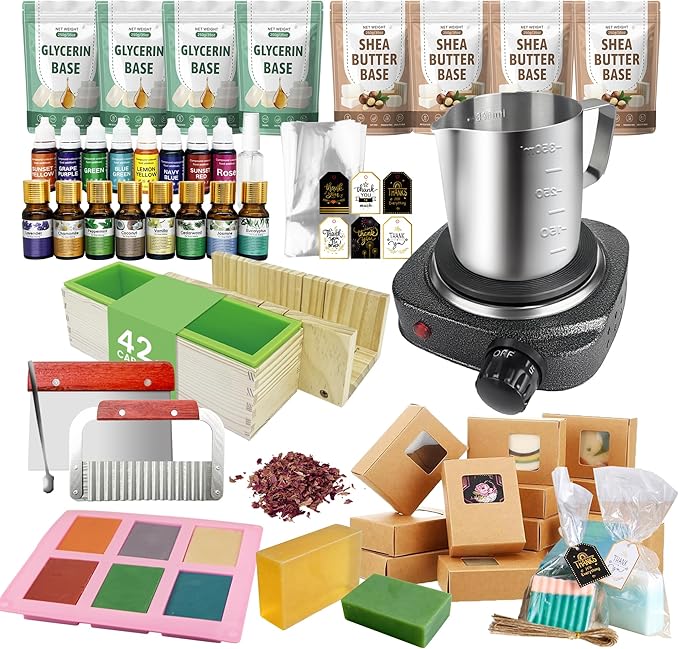 Deluxe Soap Making Supplies Kit for Adults, All-in-One Soap Making Kits with Soap Melter, 4.4 Lb Soap Base, 8 Essencial Oils,8 Dyestuffs, Silicone Molds, Soap Cutters and Packing Craft Soap Kit