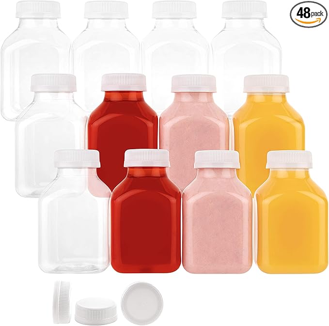 Disposable Plastic Juice Bottles 8 Oz with Lids | 48 Pack | for Water, Orange Apple Lemon Juicing, Smoothies, Milk, Reusable, BPA Free, Tamper-Proof Caps, Catering, Takeout