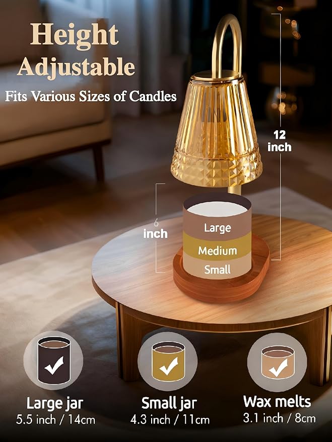 Candle Warmer Lamp with Dimmable Light & Timer, Adjustable Height Flameless Electric Wax Melter for Scented Jar Candles, Gifts for Women and Moms, Housewarming Birthday New Home Decor,Includes 2 Bulbs