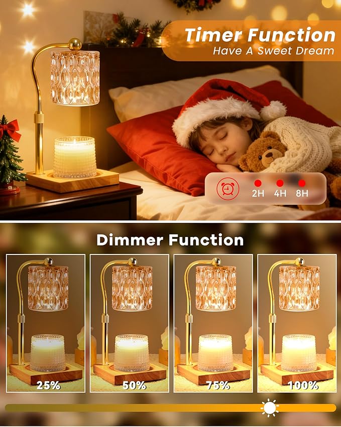 Candle Warmer Lamp Adjustable Height with Timer Dimmer, Dimmable Glass Wax Melt Warmer Light for Scented Jar, Present for Women Candle Lovers Christmas House Warming Home Decor Brithday, Amber