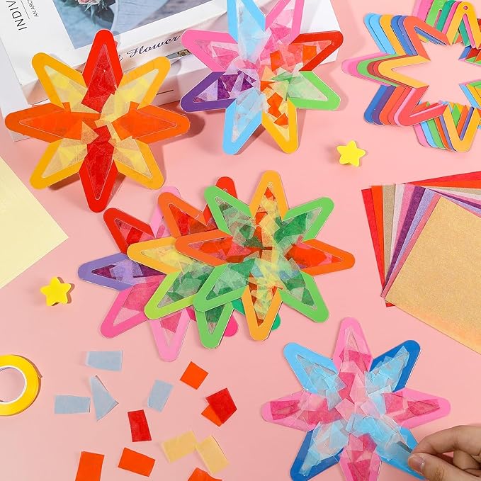 Qyeahkj 36 Set Summer Star Suncatchers Crafts for DIY Star Window Tissue Paper Craft Kit Art Ornament Hanging Decor for Home Activity Art Project Birthday Party Favors Gifts