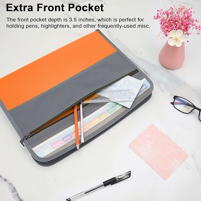 NAFY Expanding File Folders, 2Pack 13 Pockets Document Organizer with Zipper, A4 Letter Size Portable Accordion Expanding File Folders with Multicolor Labels for Office School Supplies (Black+Orange)