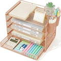 LEKETREE Desk Organizer and Accessories, 5-Tier Paper Letter Tray Organizer with Drawer & 2 Pen Holders for Desktop File Organization, Office Desk Accessories for Supplies Storage (Rose Gold)