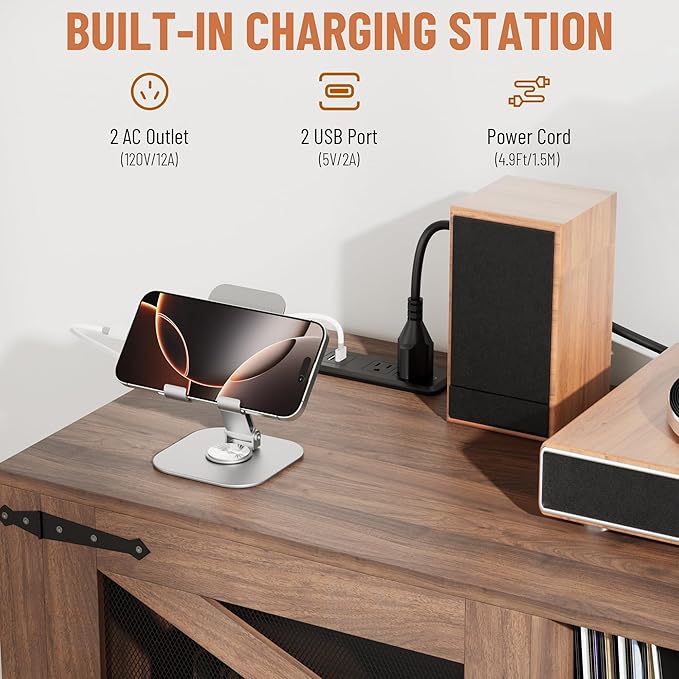 Large Record Player Stand with Vinyl Storage, 500+ Vinyl Record Storage Cabinet, 47 Inch Record Player Table with Power Outlet, Farmhouse Wooden Turntable Stand for Living Room, Walnut