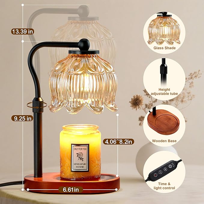 CASTLELIFE Candle Warmer Lamp with Timer & Stepless Dimming, Height Adjustable Electric Wax Warmer for Jar Candles, Flower Wax Melter with Wood Base, Gifts for Women Home Decor, Walnut Wood
