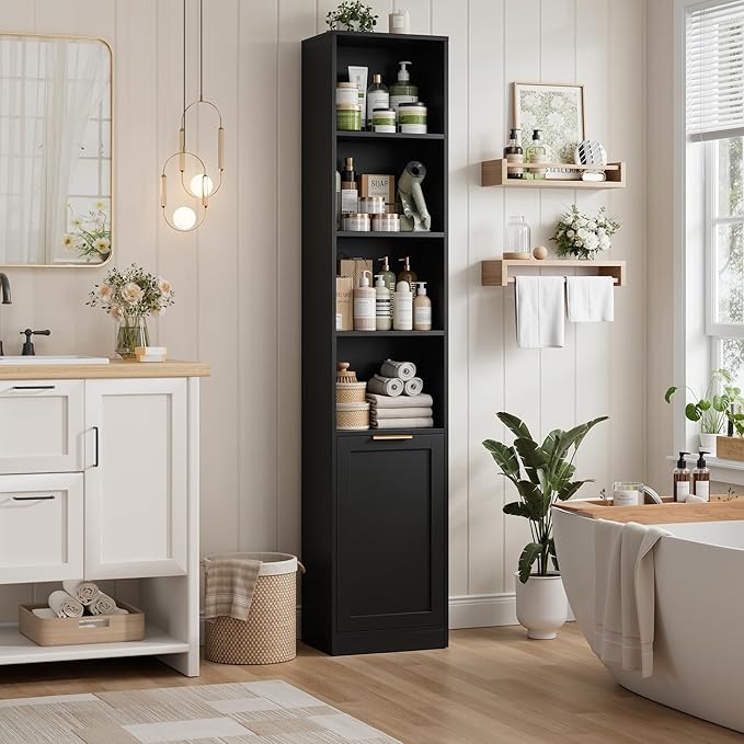 FACBOTALL 73.5" Tall Narrow Bookshelf, Tall Bathroom Storage Cabinet, Slim Bathroom Cabinet with Doors, 6 Tier Slim Bookshelf with Storage, Narrow Storage Cabinet for Living Room, Home Office, Black