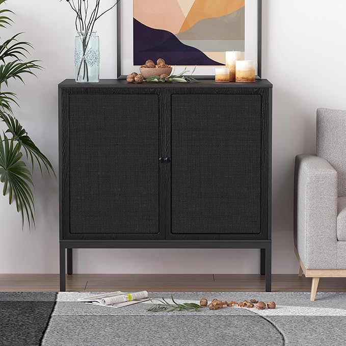 XIAO WEI Farmhouse Boho Sideboard Buffet Cabinet with Black Rattan Doors, Accent Credenza Console Storage Cabinet with Metal Legs for Living Room, Kitchen