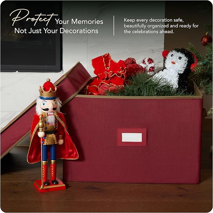 Covermates Keepsakes Treasurekeeper Storage Box – Heavy-Duty Polyester with Sturdy Interior Walls – Stackable Holiday Storage with Handles & ID Window, Red