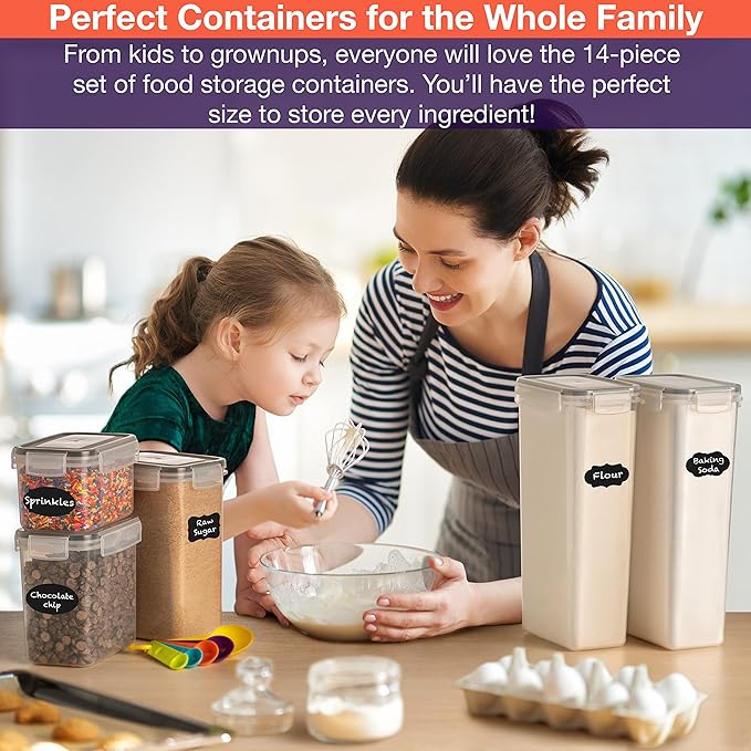 ClearSpace Airtight Food Storage Containers with Lids –14 Pack Kitchen Organization Set, Pantry Organization and Storage, Plastic Canisters with Lids - Cereal Containers Storage, Flour, Sugar (Black)