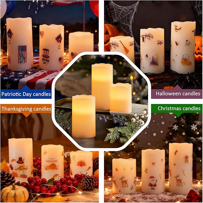 Seasonal Flameless Candle Kit – 3 Reusable Battery Operated Wax Candles with Remote & Timer & 18 Festival DIY Stickers Designed for Party Decor, July 4th, Halloween, Thanksgiving, Christmas & Easter