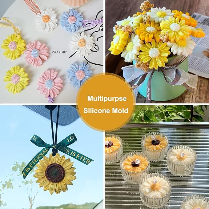 54Pack Silicone Flower Mold for Candles Set, 4pack Daisy Sunflower Molds with 50 Wicks for Handmade Soaps, Bath Bombs, Resin,Gift Making for Valentine and Mother's Day
