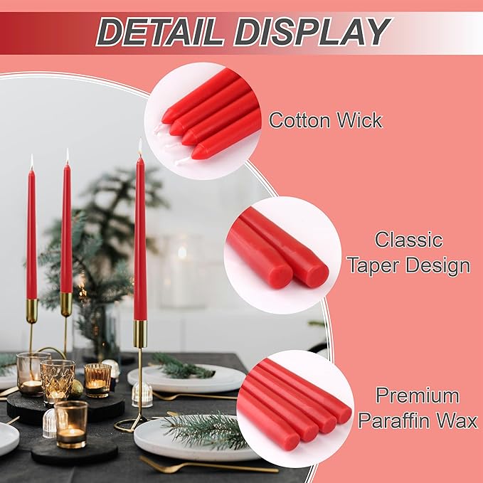 Red Taper Candles 10-Inch - Dripless Tall Christmas 12 Pack Tapered Candlesticks Unscented Smokeless Long Slow Burning Red Candle Sticks 8 Hours Paraffin Wax for Dinner Valentine’s Day Decor