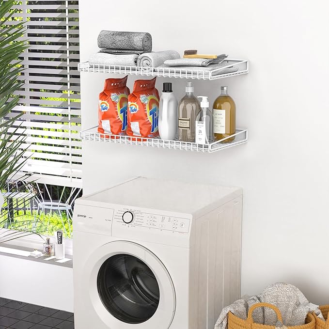 WALMANN Garage Wall Shelf, 4 Mixed-Size Wall-Mounted Storage Shelves for Garage, Closet, Laundry Room, Heavy Duty Wall Shelving, Holds Up to 65 lbs(White, 4 Mixed-Size Shelves)
