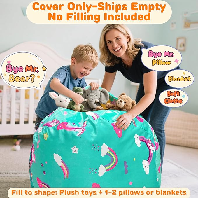 Lukeight Unicorns Stuffed Animals Storage Bean Bag Chair Cover Only (Ships Empty, No Filling) - Velvet YKK Zipper Beanbag Cover for Toddlers and Kids, Washable Plush Toy Organizer, Large 27" D x 16" H