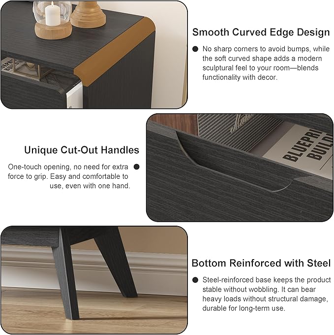 Black Modern 6-Drawer Dresser & TV Stand, 47" Wide Storage Cabinet with Unique Wooden Handles, Mid-Century Style Chest of Drawers for Bedroom, Living Room, Hallway