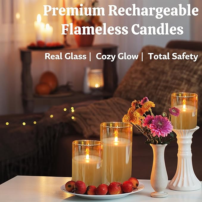 200 Hours Rechargeable Flickering Flameless Candles, Mothers Day Gifts, Rechargeable Battery Glass Pillar Candle with Remote and Timer, Real Wax for Home Living Room Decor, Ideal Gift for Women