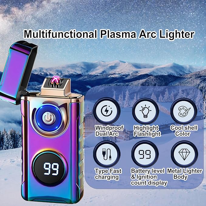 Electric Lighters Plasma Lighters Rechargeable with with LED LED Display and LED Emergency Lights Windproof USB Rechargeable Lighter Cool Lighte for Candle,Camping,Gift(Color)