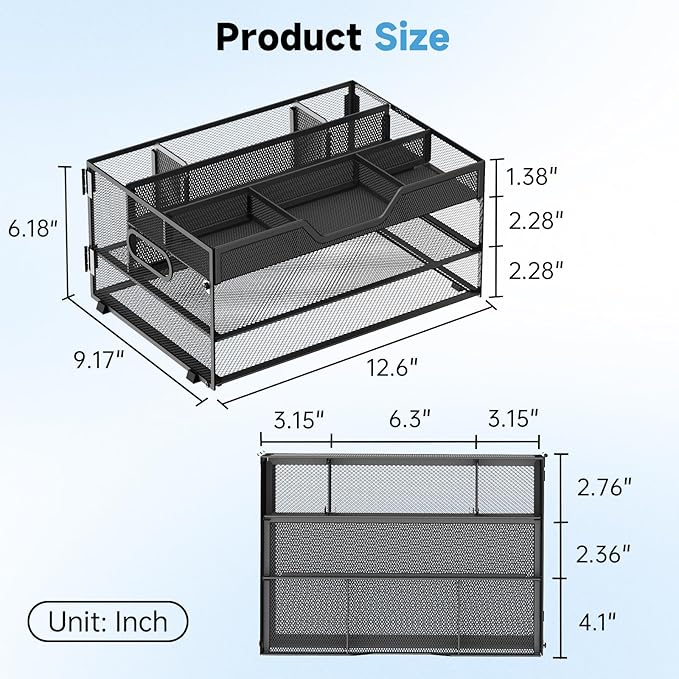 Daltack 3-Tier Desk Organizer with Handle, Mesh Paper Organizer with Pen Holders & Adjustable Compartments & A4/Letter Paper Trays for Home Office Supplies, Black
