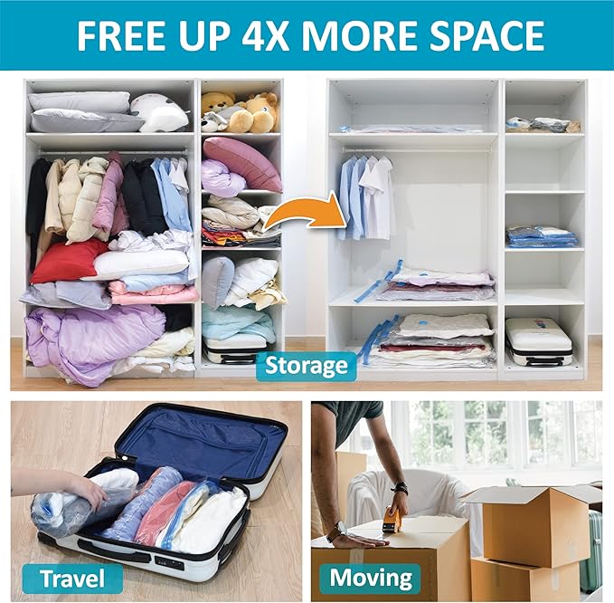 Cozy Essential Vacuum Storage Bags, 80% Compression Vacuum Seal Space Saver Plastic Packaging Bags for Clothes, Blankets, Pillow, Bedding, Comforters, Sealer Clothing Storage,10 Combo