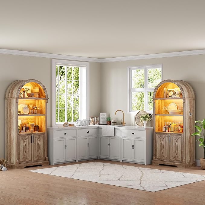 Vlsrka 71" Tall Arched Kitchen Pantry Cabinets, Wood Kitchen Storage Cabinets/Arched Bookshelf/Bookcase,China Cabinet with Open & Adjustable Shelves, Induction LED Light (Brown 2 PCS)