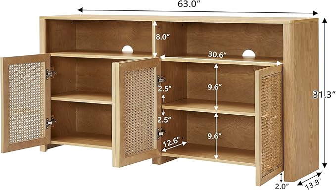 63’’ Rattan Sideboard Cabinet, Boho Mid Century Modern Credenza Buffet Table & TV Console with Adjustable Shelves and Open Storage for Living Room, Hallway, Entryway, Kitchen & Dining, Natural